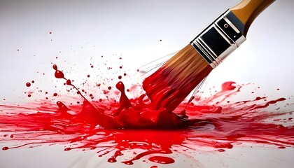 Close-up shot of a paintbrush with red paint on a white canvas.