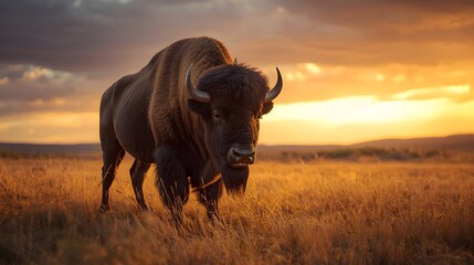 Majestic American bison standing on a golden prairie under dramatic sunset light