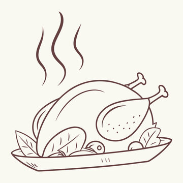 Outlined drawing of a roasted turkey on a platter with garnish and steam rising from the cooked bird