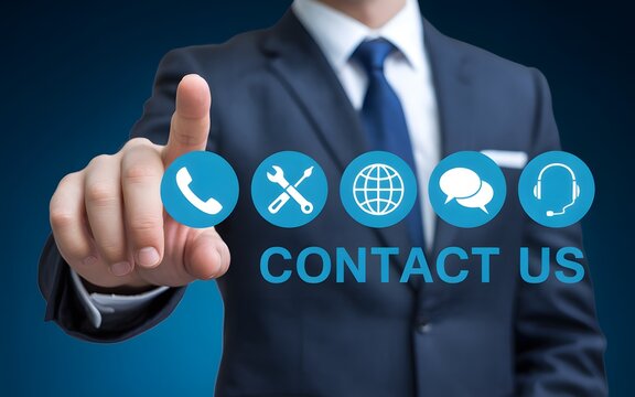 Contact us and customer support concept with businessman touching digital icons for phone, chat, tools, email, and globe representing online service help