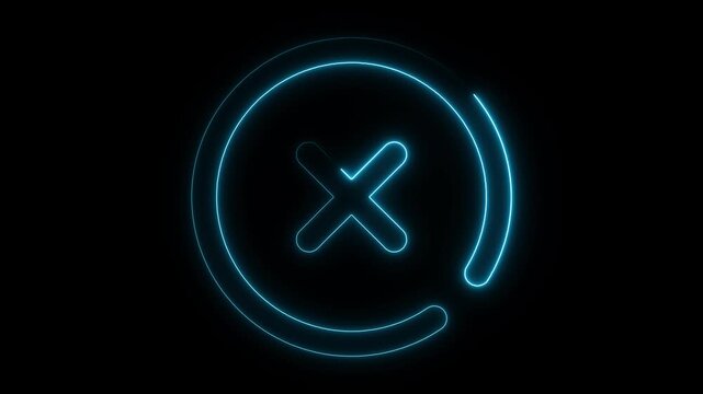 Glowing neon red and blue color cross sign icon animation wrong cancel error warning problem no sign reject stop incorrect sign symbol on black background 4k video. cross, cross animation, 