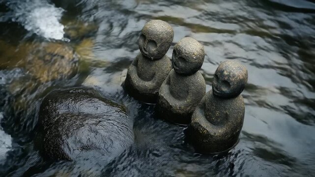 Three jizo stone statues in a flowing river