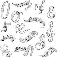 Collection of hand drawn musical notes and treble clefs in a whimsical artistic style