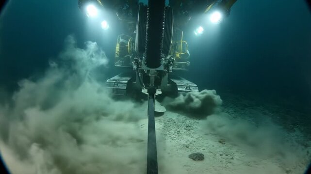 Underwater machinery extracts sediment from sea floor, illuminating the marine environment with bright lights. Concept of marine research, underwater engineering, oceanography