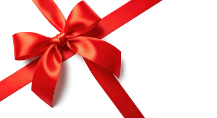A large, bright red gift ribbon in the corner of a white background. Celebration, Christmas, birthday, or gift wrapping concept.