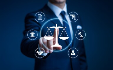 Law and justice business concept with businessman touching digital balance scale icon, representing legal advice, compliance, and corporate governance