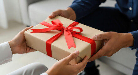 One person giving another a beige box with a red ribbon. Celebration, relationship, customer appreciation, or a special moment.