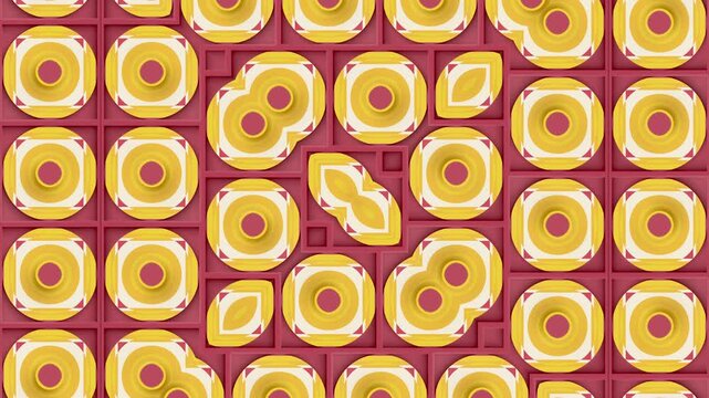 A kaleidoscope of 3D shapes in warm tones. Seamless, looping, 4K animation. A red and yellow pattern in a pop art style. A playful background for creative and festive projects. 3d rendering