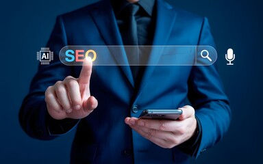 SEO search and digital marketing concept with businessman tapping virtual search bar, representing website optimization, ranking, and online visibility