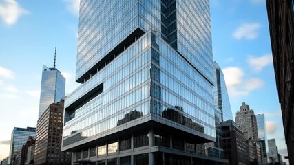 Skyscrapers rise high against the skyscrapers, reflecting light off their sleek skyscrapers. The urban skyline features glass skyscrapers under a clear blue sky. - Powered by Adobe