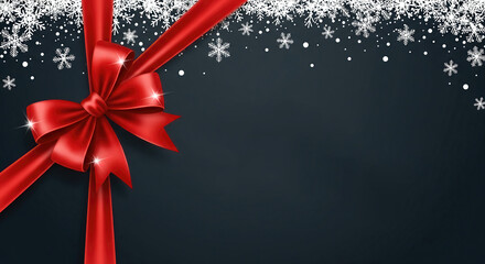 A red gift ribbon shining against a dark background and a frame made of snow at the top edge. Christmas, holiday, discount, and gift concept.