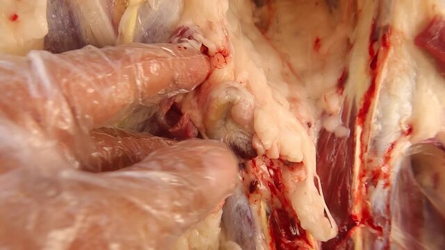 Healthy superficial inguinal lymph node examined by a veterinarian in a sheep carcass during meat inspection. Ideal for veterinary anatomy education, food safety research and disease diagnosis studies