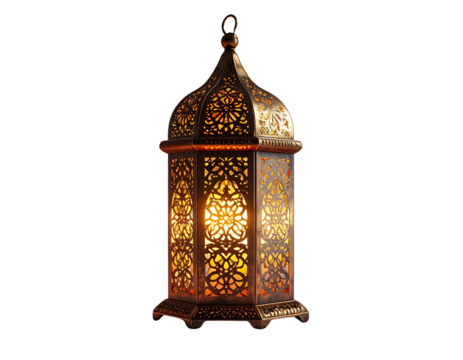  Hanging Brass Lantern with Arabic Geometric Design – Glowing Light PNG