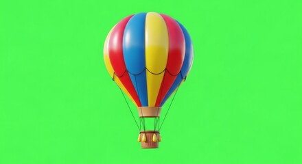 Naklejka premium Colorful hot air balloon with basket on green background. Travel adventure concept. Isolated element for chromakey effect.