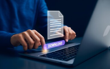Person pressing digital download button on laptop keyboard, representing software installation, data transfer, and online technology download concept