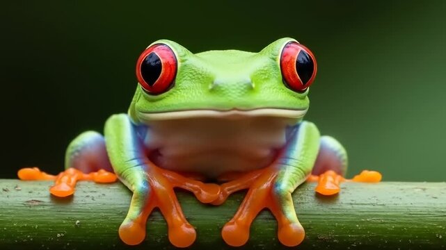 Vibrant Red-Eyed Tree Frog Perched on a Green Branch in a Lush Environment.