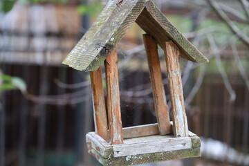 Rustic Wooden Bird Feeder with Pitched Roof