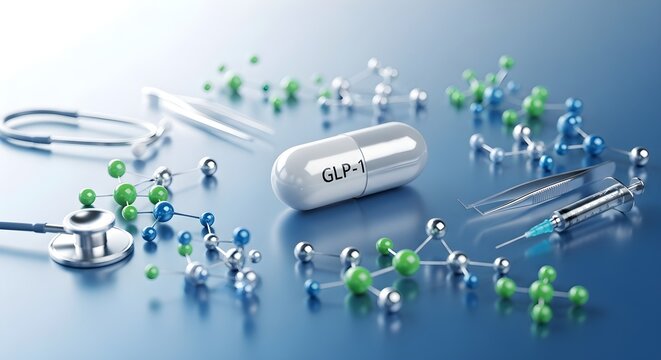Glp1 capsule with molecular models and lab tools symbolizes biotech weight loss solutions.
