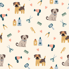 Seamless vector pattern with dogs. Pet grooming. Shampoo, combs, scissors, haircuts, hair dryers, and other accessories. Cute pets vector flat illustration.