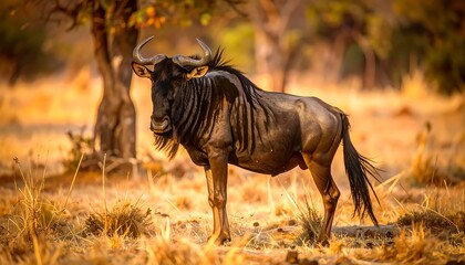 Majestic wildebeest in golden savanna