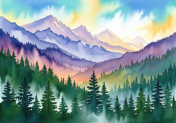 Watercolor painting of sunrise or sunset in a mountainous landscape: Layered peaks and pine forest. Peaceful nature background.