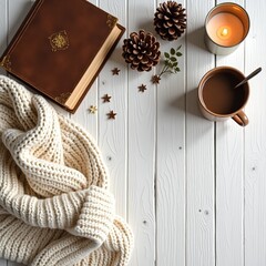  Flat lay of cozy winter essentials: woolen sweater, book, candle, cup of coffee, pine cones on white wooden table.