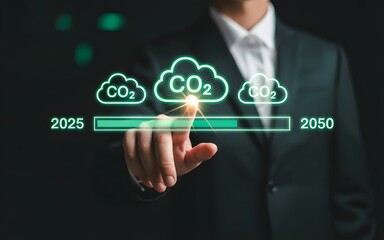 CO2 emission reduction and climate change sustainability concept showing businessman managing carbon neutral goal timeline for green environmental future