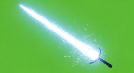 Glowing sword with bright electric sparks effect. Light weapon with energy flow for chromakey. Isolated on green screen.