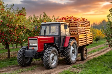 Obraz premium Tractor carrying harvested apples through orchard at sunset