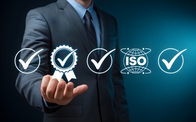 ISO certification and quality assurance concept with businessman touching virtual check mark, representing standards, compliance, and business excellence