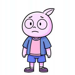 The image features a cartoon character with a round pink face and large eyes, wearing a casual outfit with a blue jacket and shorts, expressing a worried or confused emotion.