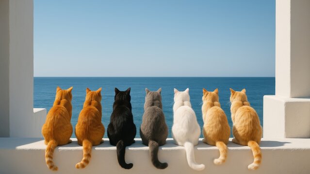 Cats and Sea: A row of adorable cats enjoys a breathtaking vista of the vast, shimmering sea. The harmonious gathering of feline companions promises serenity and relaxation.