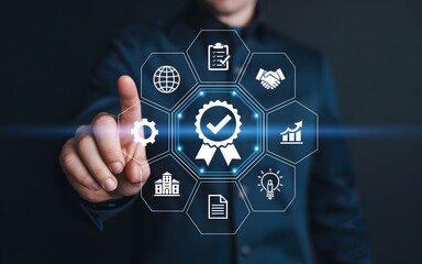 Quality assurance and certification concept with businessman touching virtual interface, representing business standard, compliance, and professional excellence