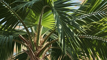 Naklejka premium Lush Green Palm Tree with Large Fronds in Bright Sunlight