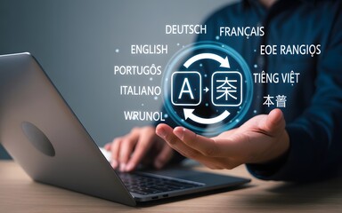 Language translation technology concept with person using laptop and floating multilingual icons, representing global communication and AI translation