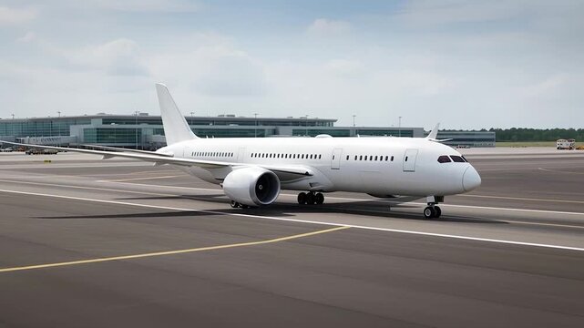 White airplane Boeing 787 taxiing at the airport. Side view angle. Modern passenger jet airplane.