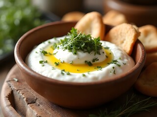 Savory Yogurt Dip with Olive Oil and Herbs: Mediterranean-style savory yogurt served in a ceramic bowl, drizzled with olive oil and topped with fresh herbs, pita bread on the side, warm cozy lighting.