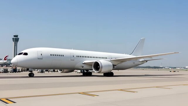 White airplane Boeing 787 parking at the airport. Side view angle. Modern passenger jet airplane.