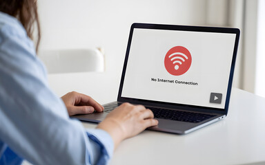 No internet connection error message shown on laptop screen, representing network problem, connection failure, and digital communication disruption