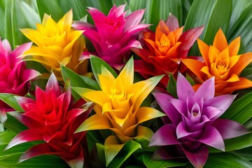 Obraz premium Vibrant tropical bromeliad plants displaying diverse colorful flowers