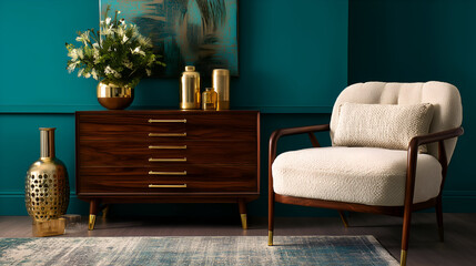 Obraz premium Living space featuring a wood dresser, decorative vases, cream textured chair, and area rug against a teal wall.