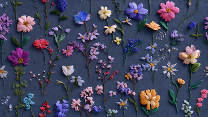 春の花々が咲き誇る立体刺繍アート｜伝統的な和風モチーフと繊細なステッチが融合した春らしい装飾デザイン｜背景・テキスタイル・素材・春・手芸・手作り感に最適