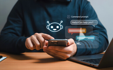AI chatbot virtual assistant concept with person using smartphone, showing artificial intelligence communication, automation, and digital technology