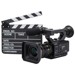 Fototapeta premium Professional video camera and clapperboard used in film production, scene marking, and cinematic recording for visual media creation