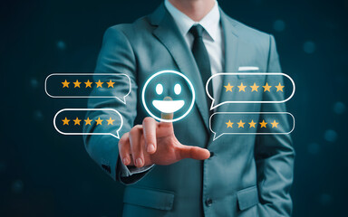 Customer feedback and satisfaction concept with businessman selecting five-star rating emoji, representing review, quality service, and online reputation