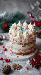 Naklejka premium Festive Layer Cake with holiday themed sprinkles, topped with piped icing, amidst holiday decorations and other confectioneries.