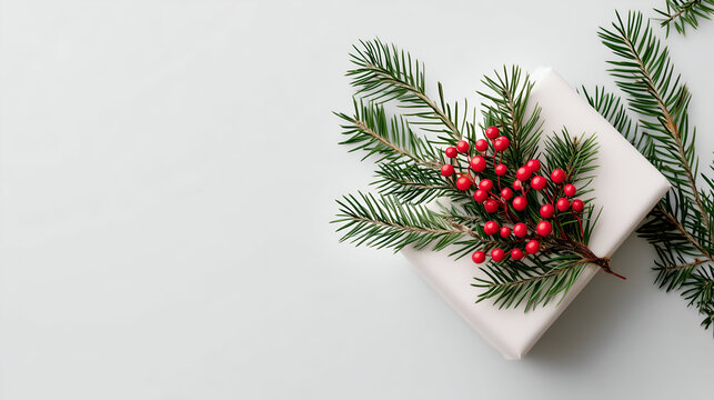 Elegant white gift adorned with red berries and evergreen branches, creating a festive and sophisticated holiday presentation.