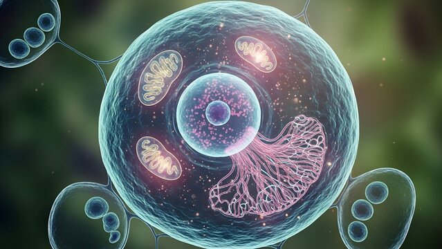 Detailed Artistic Illustration of a Cell with Mitochondria and Nucleus in a Science Laboratory Style