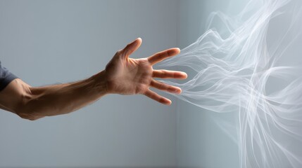 A hand appears to interact with wispy smoke, creating a surreal effect that suggests movement and energy in a minimalist setting.