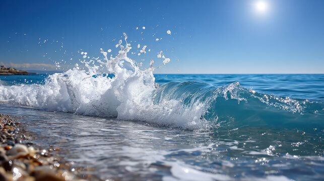 A serene seascape featuring gentle waves crashing onto a pebbly shore under a clear blue sky illuminated by the sun.
